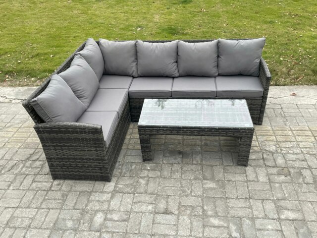 Rackhams 6 Seater Outdoor Rattan Garden Furniture Set Corner Sofa Oblong Coffee Table Sets Dark Grey Mixed - image 1