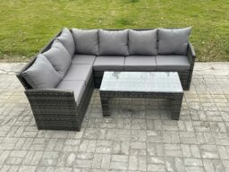 Rackhams 6 Seater Outdoor Rattan Garden Furniture Set Corner Sofa Oblong Coffee Table Sets Dark Grey Mixed - thumbnail 1