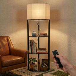 Rackhams Corner Modern Floor Lamp with Shelves, Dimmable Standing Lamp, Black