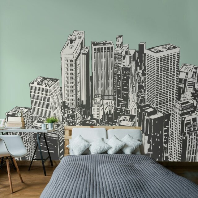 Rackhams Urban City Skyscrapers Wall Mural - Green - Large - W350cm x H280cm - image 1