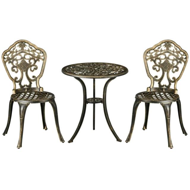 Rackhams 3 Piece Cast Aluminium Garden Bistro Set for 2 with Parasol Hole, Outdoor Coffee Table Set, Two Armless Chairs and Round Coffee Table, Bronze - image 1