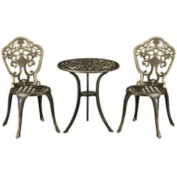 Rackhams 3 Piece Cast Aluminium Garden Bistro Set for 2 with Parasol Hole, Outdoor Coffee Table Set, Two Armless Chairs and Round Coffee Table, Bronze - thumbnail 1