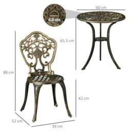 Rackhams 3 Piece Cast Aluminium Garden Bistro Set for 2 with Parasol Hole, Outdoor Coffee Table Set, Two Armless Chairs and Round Coffee Table, Bronze - thumbnail 3
