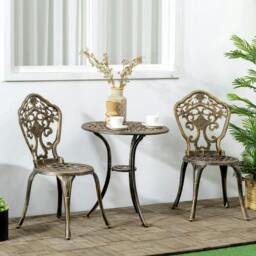 Rackhams 3 Piece Cast Aluminium Garden Bistro Set for 2 with Parasol Hole, Outdoor Coffee Table Set, Two Armless Chairs and Round Coffee Table, Bronze - thumbnail 2