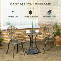 Rackhams 3 Piece Cast Aluminium Garden Bistro Set for 2 with Parasol Hole, Outdoor Coffee Table Set, Two Armless Chairs and Round Coffee Table, Bronze - thumbnail 5