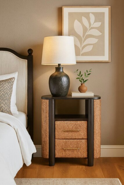 Rackhams Solid Wood Rattan Curve Edge Nightstand - image 1