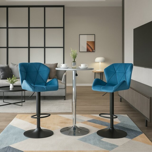 Rackhams Set of 2 Blue Velvet Bar Stools Adjustable Swivel Breakfast Chairs with Footrest & Metal Base - image 1