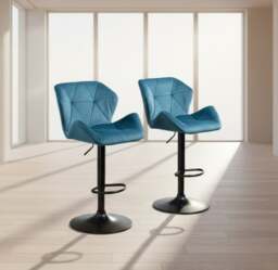 Rackhams Set of 2 Blue Velvet Bar Stools Adjustable Swivel Breakfast Chairs with Footrest & Metal Base - thumbnail 4