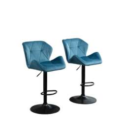 Rackhams Set of 2 Blue Velvet Bar Stools Adjustable Swivel Breakfast Chairs with Footrest & Metal Base - thumbnail 2