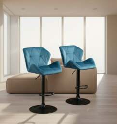 Rackhams Set of 2 Blue Velvet Bar Stools Adjustable Swivel Breakfast Chairs with Footrest & Metal Base - thumbnail 6