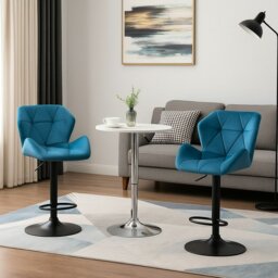 Rackhams Set of 2 Blue Velvet Bar Stools Adjustable Swivel Breakfast Chairs with Footrest & Metal Base - thumbnail 5