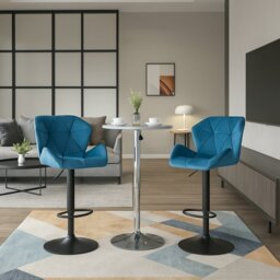 Rackhams Set of 2 Blue Velvet Bar Stools Adjustable Swivel Breakfast Chairs with Footrest & Metal Base