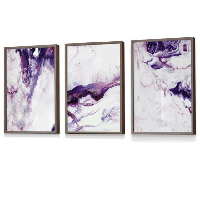 Rackhams Set of 3 Purple Pink Abstract Waves Framed Wall Art - 59x84cm (A1) - Light Walnut - image 1