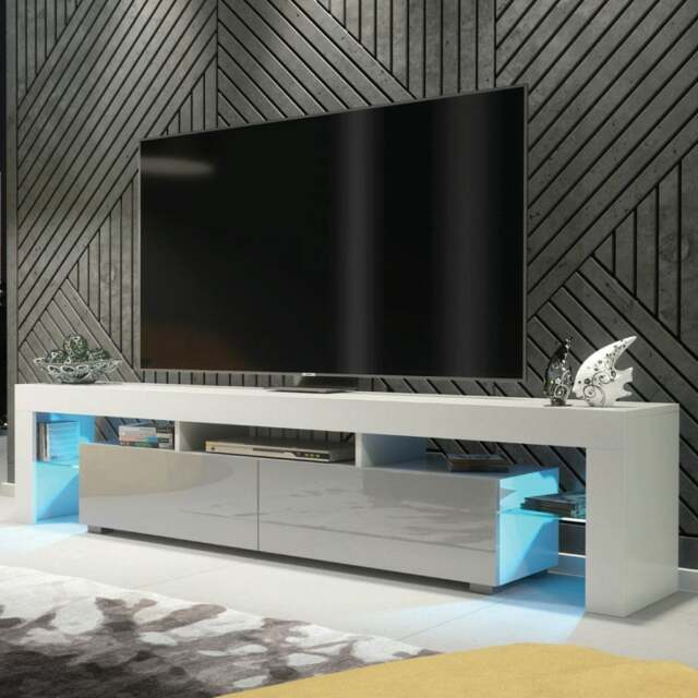 Rackhams Sleek 200cm TV Unit Cabinet Stand High Gloss Doors with Free LED Lights - 200 cm - 1 - White Matt Body & Grey Gloss Doors - image 1