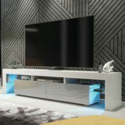 Rackhams Sleek 200cm TV Unit Cabinet Stand High Gloss Doors with Free LED Lights - 200 cm - 1 - White Matt Body & Grey Gloss Doors