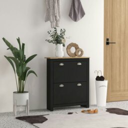Rackhams 2 Drawer Shoe Cabinet Narrow Shoe Cupboard with Flip Doors, Black - thumbnail 3