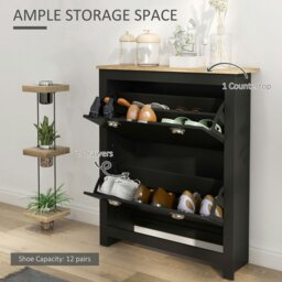 Rackhams 2 Drawer Shoe Cabinet Narrow Shoe Cupboard with Flip Doors, Black - thumbnail 4