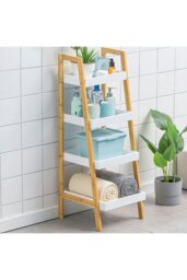 Rackhams 4 Tiers Ladder Shelf Storage Organizer Wooden Freestanding Bookshelf Bathroom Storage Rack - Brown - thumbnail 6
