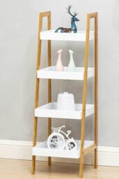 Rackhams 4 Tiers Ladder Shelf Storage Organizer Wooden Freestanding Bookshelf Bathroom Storage Rack - Brown - thumbnail 2