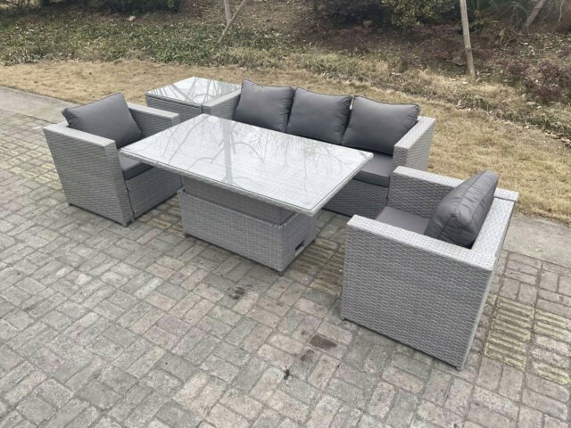 Rackhams Rattan Garden Funiture Set Height Adjustable Rising Lifting Table Loung Sofa Dining Set With 2 Arm Chair Side Coffee Table - image 1