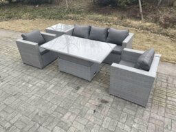 Rackhams Rattan Garden Funiture Set Height Adjustable Rising Lifting Table Loung Sofa Dining Set With 2 Arm Chair Side Coffee Table - thumbnail 2