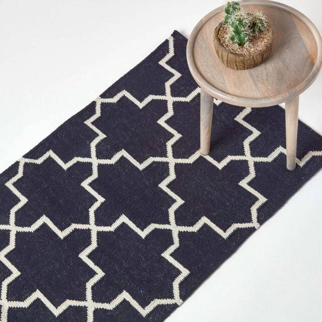 Rackhams Edmonton Handwoven Navy Blue and White Cotton Geometric Kilim Rug - 66 x 200 cm - image 1