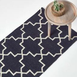 Rackhams Edmonton Handwoven Navy Blue and White Cotton Geometric Kilim Rug - 66 x 200 cm