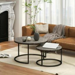 Rackhams Industrial Nesting Coffee Table Set of 2, Round Coffee Tables, Living Room Table with Faux Marbled Top and Steel Frame - thumbnail 2