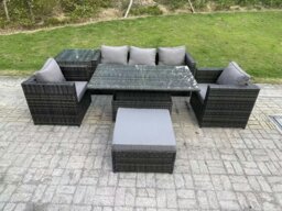 Rackhams Outdoor Rattan Garden Furniture Sofa Set Adjustable Rising Lifting Dining Table Set with Side Table 2 Armchairs Big Footstool Dark Grey Mixed - thumbnail 2