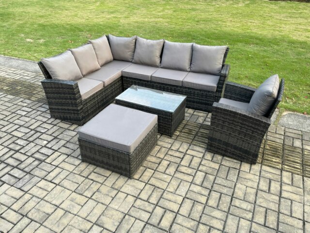 Rackhams 8 Seater Rattan Garden Furniture Corner Sofa Set Outdoor Patio Sofa Chair Table Set with Rectangular Coffee Table Dark Grey Mixed - image 1
