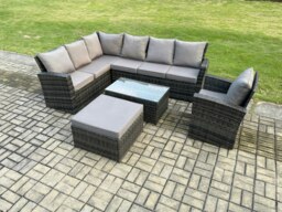Rackhams 8 Seater Rattan Garden Furniture Corner Sofa Set Outdoor Patio Sofa Chair Table Set with Rectangular Coffee Table Dark Grey Mixed - thumbnail 1