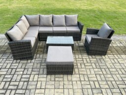 Rackhams 8 Seater Rattan Garden Furniture Corner Sofa Set Outdoor Patio Sofa Chair Table Set with Rectangular Coffee Table Dark Grey Mixed - thumbnail 2