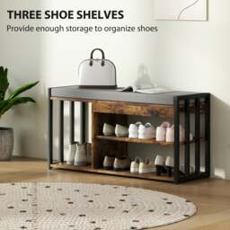 Rackhams Upholstered Entryway Shoe Bench with Storage Shelves, Rustic Brown - Rustic brown, grey - Particleboard, steel, polyester, sponge - 90W x 30D x 45H cm - thumbnail 4