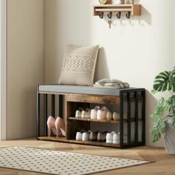 Rackhams Upholstered Entryway Shoe Bench with Storage Shelves, Rustic Brown - Rustic brown, grey - Particleboard, steel, polyester, sponge - 90W x 30D x 45H cm