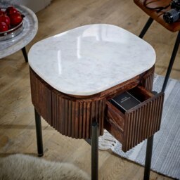 Rackhams Miel Mango Wood Bedside Table With Marble Top & Metal Legs - Wood - 1 - 45x40x60 CM (LxDxH) - thumbnail 5