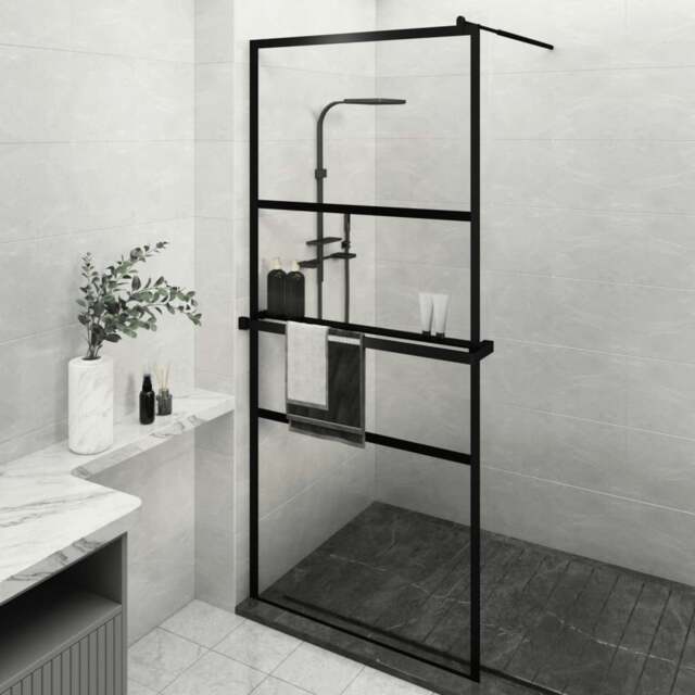 Rackhams Walk-in Shower Wall with Shelf Black 90x195 cm ESG Glass&Aluminium