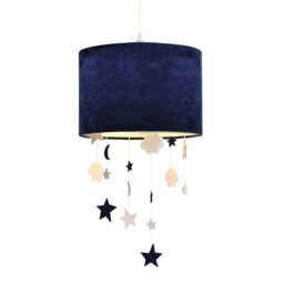 Rackhams Soft Midnight Blue Velvet Pendant Lamp Shade with Hanging Felt Stars and Clouds - thumbnail 2