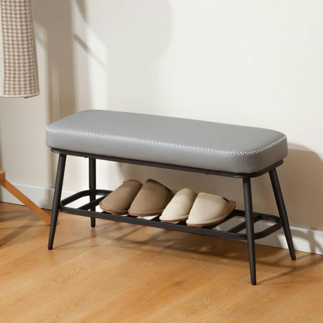 Rackhams Shoe Bench, PU Leather Shoe Storage Bench for Entryway, Brown - Grey - image 1
