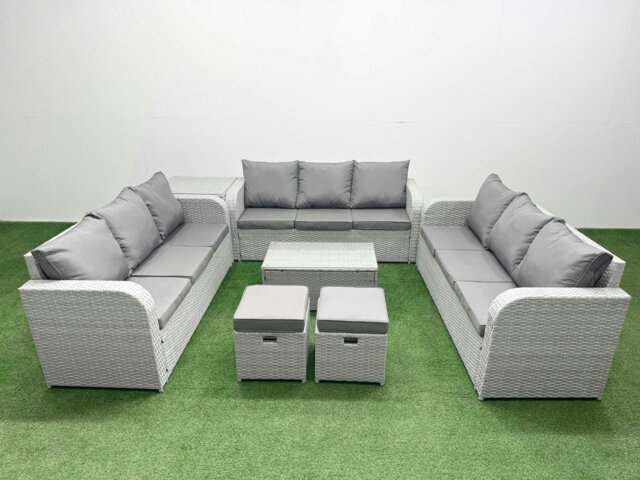 Rackhams PE Rattan Lounge Sofa Set 11 Seater Outdoor Garden Furniture Set with Rectangular Coffee Table 3 Seater Sofa 2 Stools Side Table Light Grey - image 1