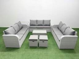 Rackhams PE Rattan Lounge Sofa Set 11 Seater Outdoor Garden Furniture Set with Rectangular Coffee Table 3 Seater Sofa 2 Stools Side Table Light Grey - thumbnail 1