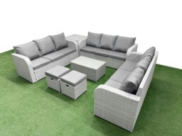 Rackhams PE Rattan Lounge Sofa Set 11 Seater Outdoor Garden Furniture Set with Rectangular Coffee Table 3 Seater Sofa 2 Stools Side Table Light Grey - thumbnail 2