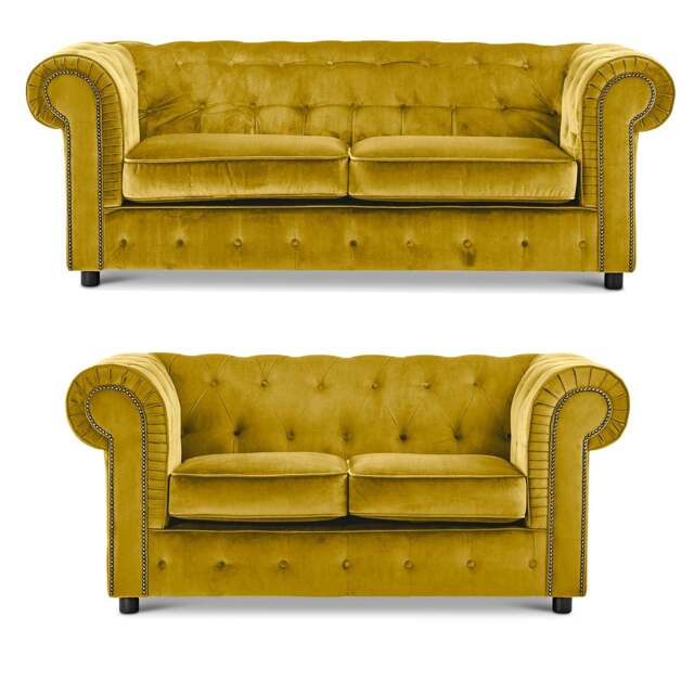 Rackhams Ashbourne Chesterfield Plush Velvet Fabric Sofa Suite - Tumeric - image 1