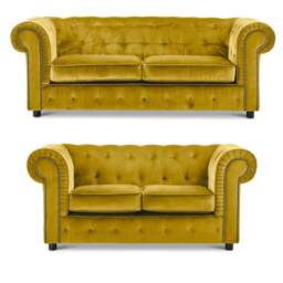 Rackhams Ashbourne Chesterfield Plush Velvet Fabric Sofa Suite - Tumeric - thumbnail 1