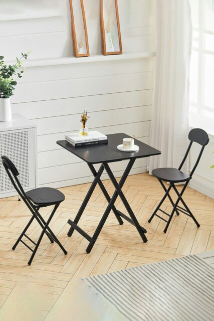 Rackhams 3pcs Folding Dining Table and 2 Chairs Set Portable Dining Set Kitchen Furniture 60cm - Black - image 1