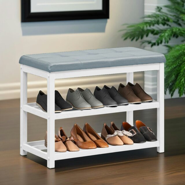 Rackhams Wooden 2 Tier Shoe Rack Bench Grey - image 1