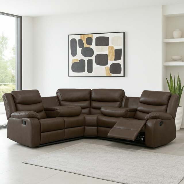Rackhams Leather 5 Seater Reclining Corner Sofa + Drinks Tray - Brown - image 1