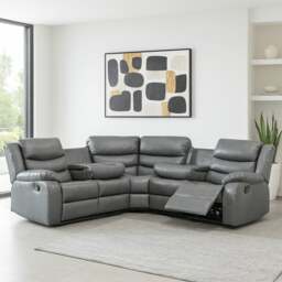 Rackhams Leather 5 Seater Reclining Corner Sofa + Drinks Tray - Brown - thumbnail 2