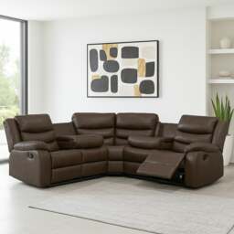 Rackhams Leather 5 Seater Reclining Corner Sofa + Drinks Tray - Brown - thumbnail 1