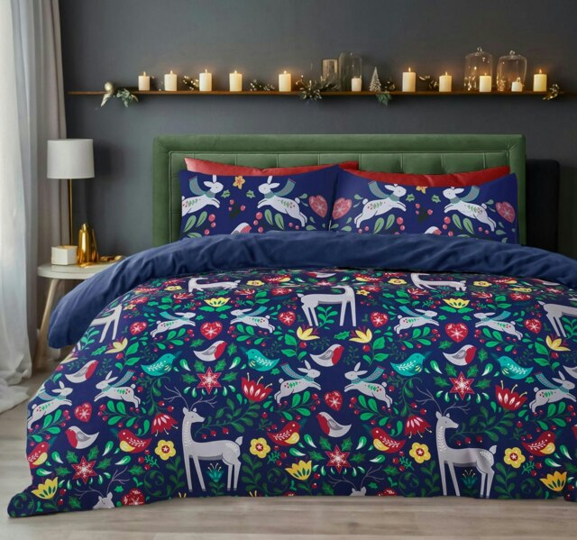 Rackhams Robin Scandi Printed Cotton Blend Duvet Cover and Pillowcase Set - Blue - Single - image 1