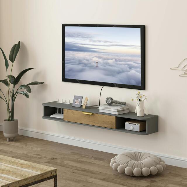 Rackhams 140 cm Floating TV Unit with Storage Entertainment Media Console Grey - image 1